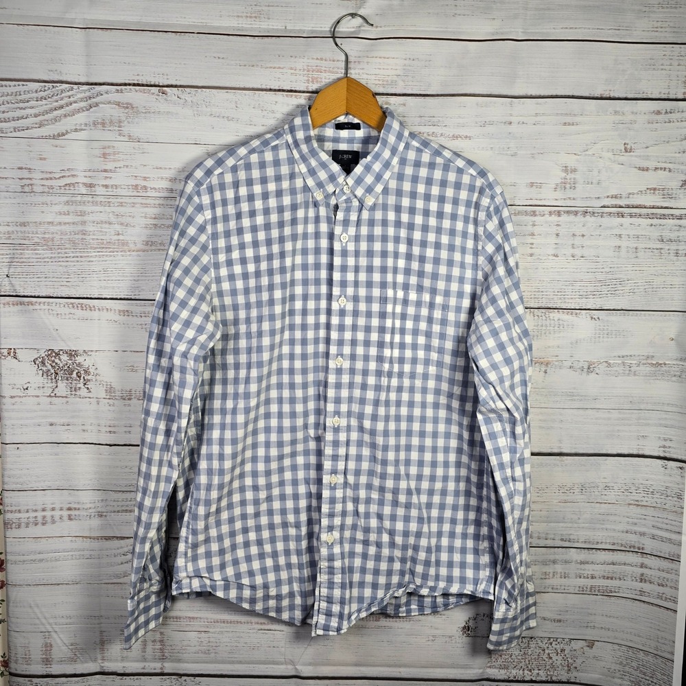 J.Crew Blue White Gingham Button Down Shirt Size Large Slim Classic Preppy‎
